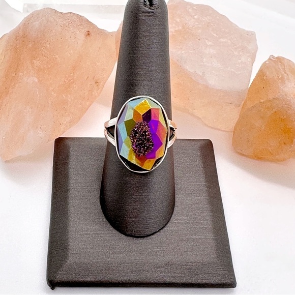 Ooak Sterling Silver Fractal Titanium Aura Druzy Geode Crystal Ring - Picture 2 of 4